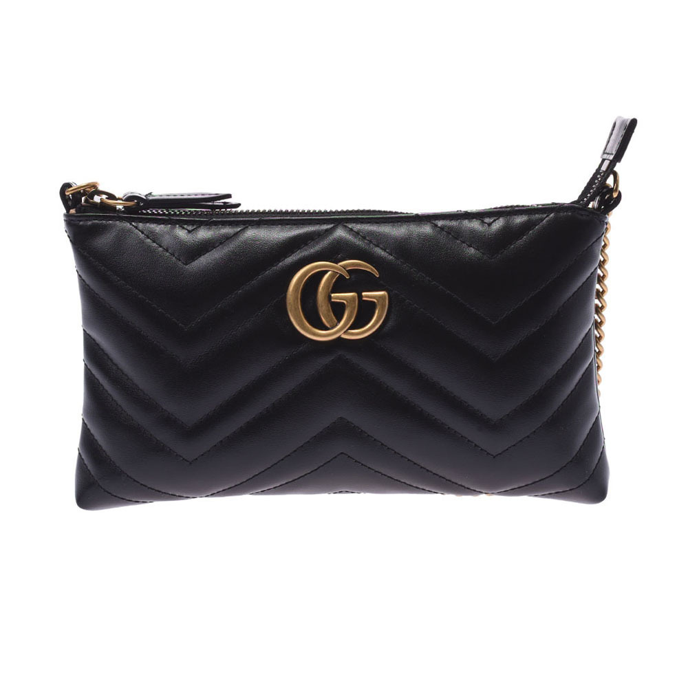 GUCCI GG Marmont Chain Wallet Bag Black Leather Shoulder
